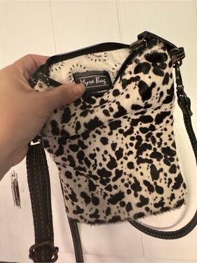 Myra Bag Black and White Cowhide Crossbody with Brown Trim